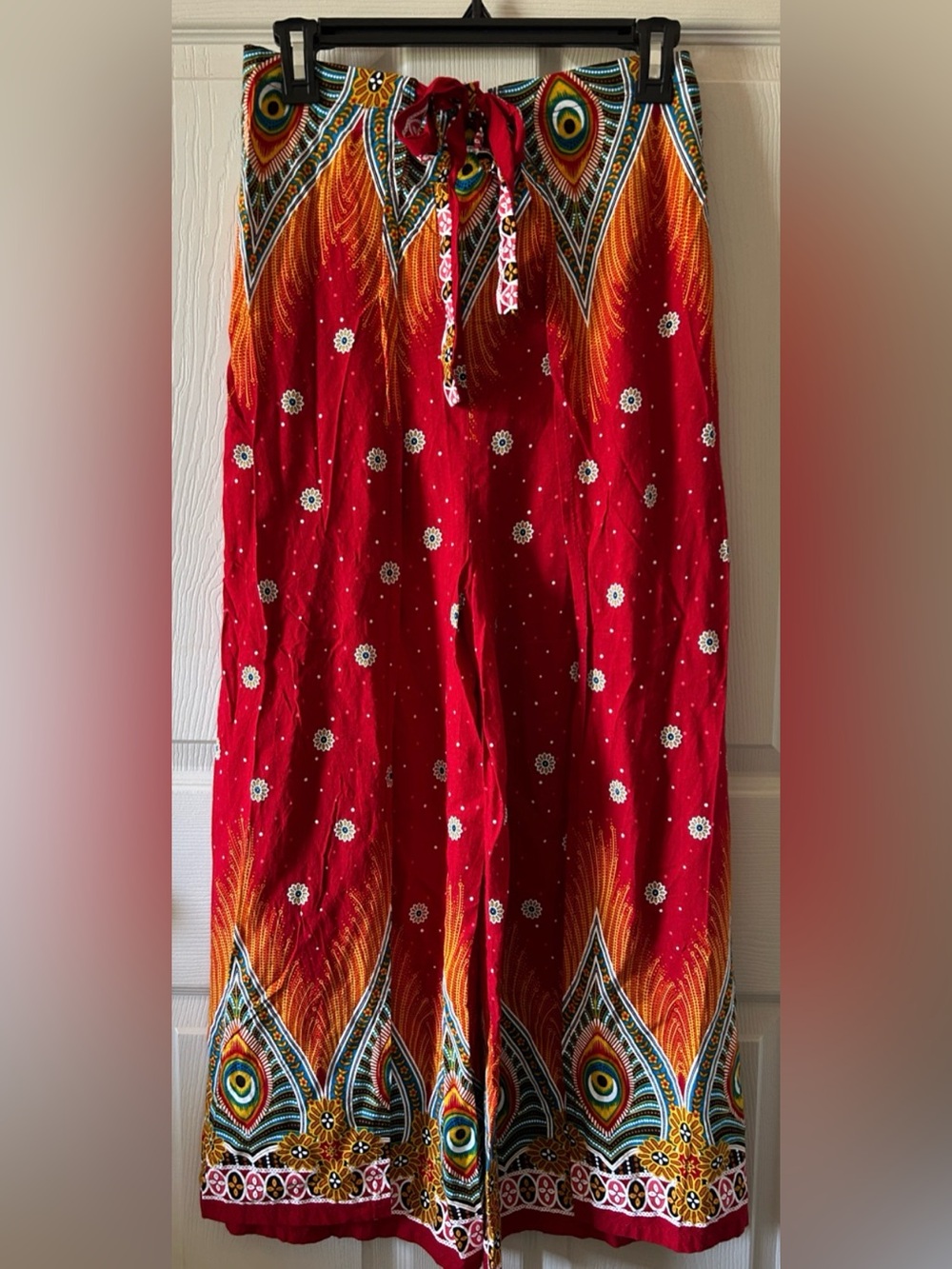 Peacock Abstract Flowy Y2K Wide Open Leg Tie Waist Boho Culotte Pants Sz Small
